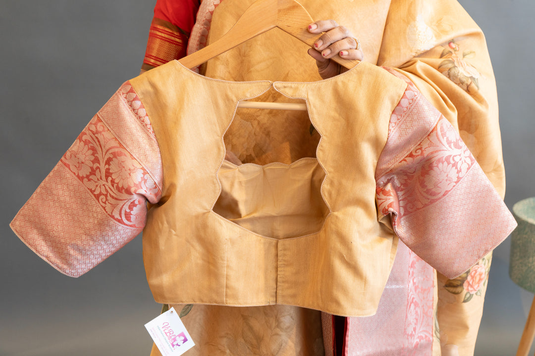 Mustard Yellow and Red Floral Print Banarasi Cora Saree and Blouse