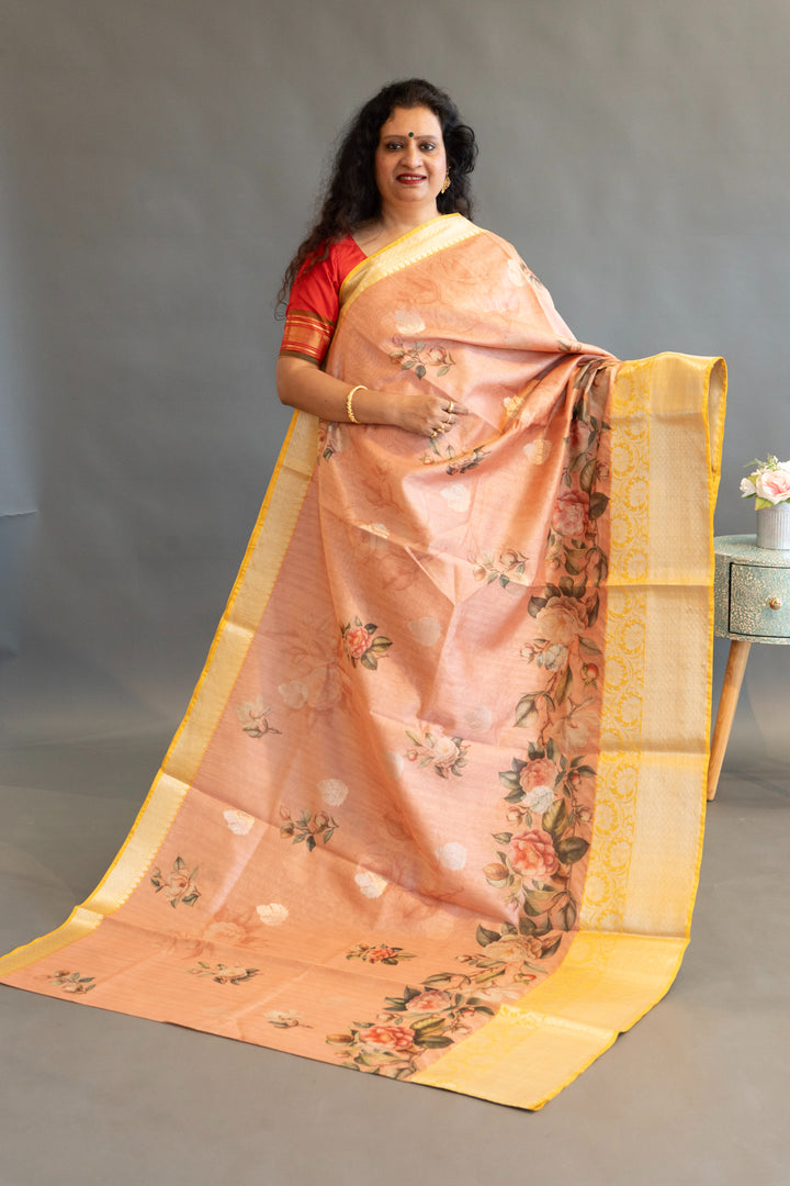 Peach and Yellow Floral Print Banarasi Cora Saree and Blouse