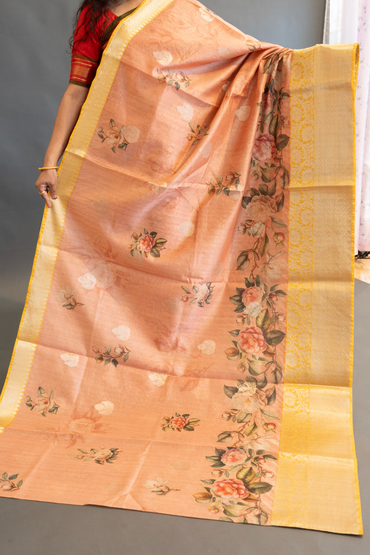 Peach and Yellow Floral Print Banarasi Cora Saree and Blouse