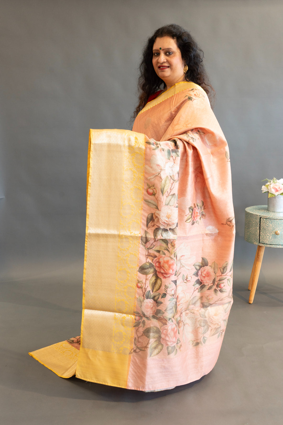 Peach and Yellow Floral Print Banarasi Cora Saree and Blouse