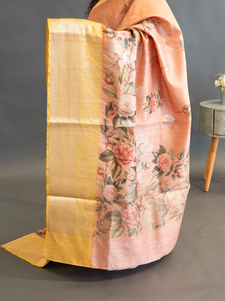 Peach and Yellow Floral Print Banarasi Cora Saree and Blouse