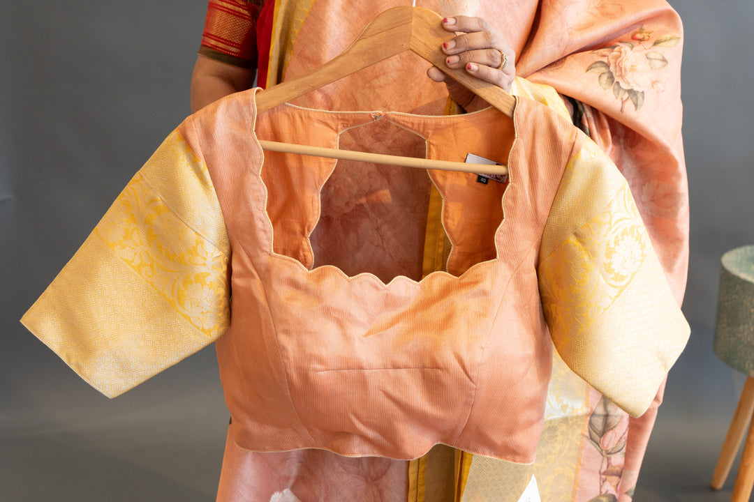 Peach and Yellow Floral Print Banarasi Cora Saree and Blouse