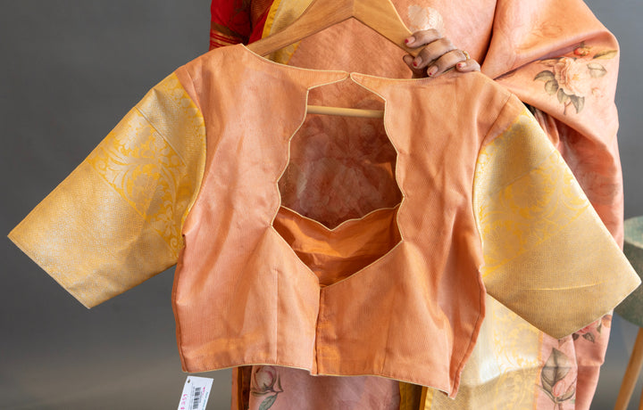 Peach and Yellow Floral Print Banarasi Cora Saree and Blouse
