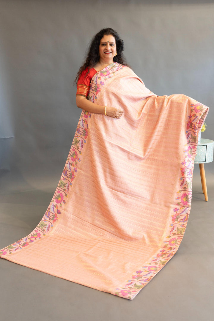 Peach Pink Tussar Silk Saree And Blouse With Paithani Borders