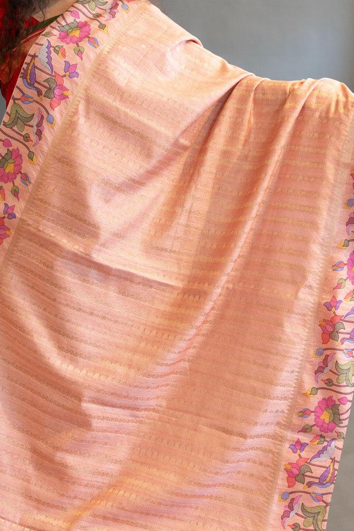 Peach Pink Tussar Silk Saree And Blouse With Paithani Borders