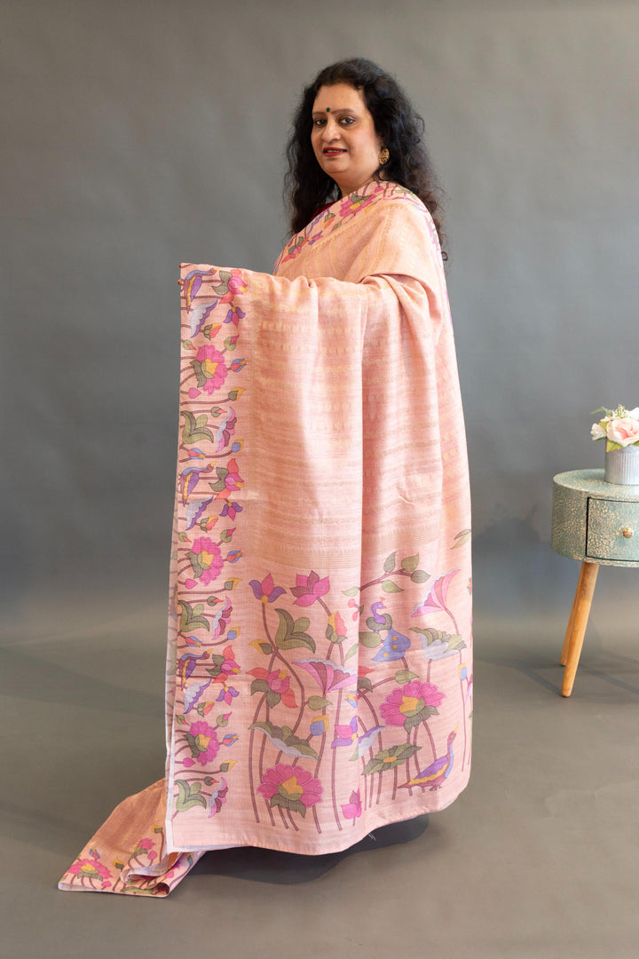 Peach Pink Tussar Silk Saree And Blouse With Paithani Borders
