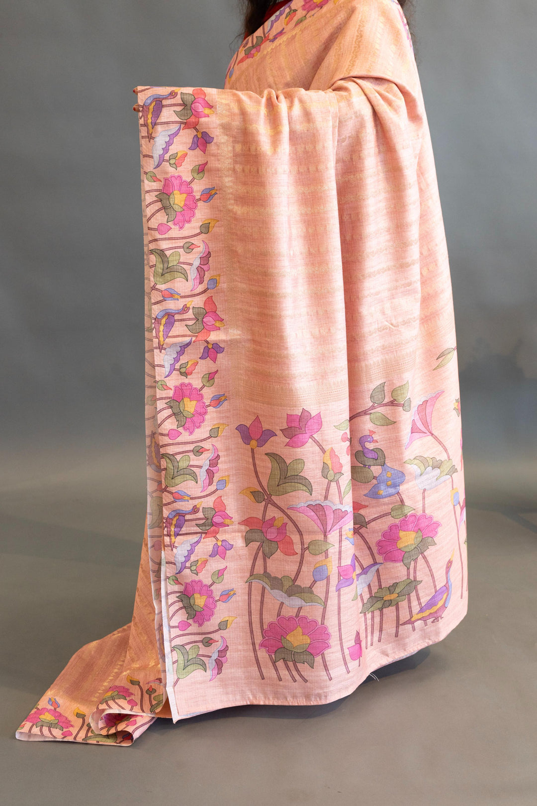 Peach Pink Tussar Silk Saree And Blouse With Paithani Borders