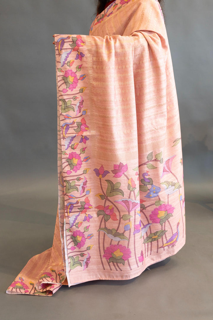 Peach Pink Tussar Silk Saree And Blouse With Paithani Borders