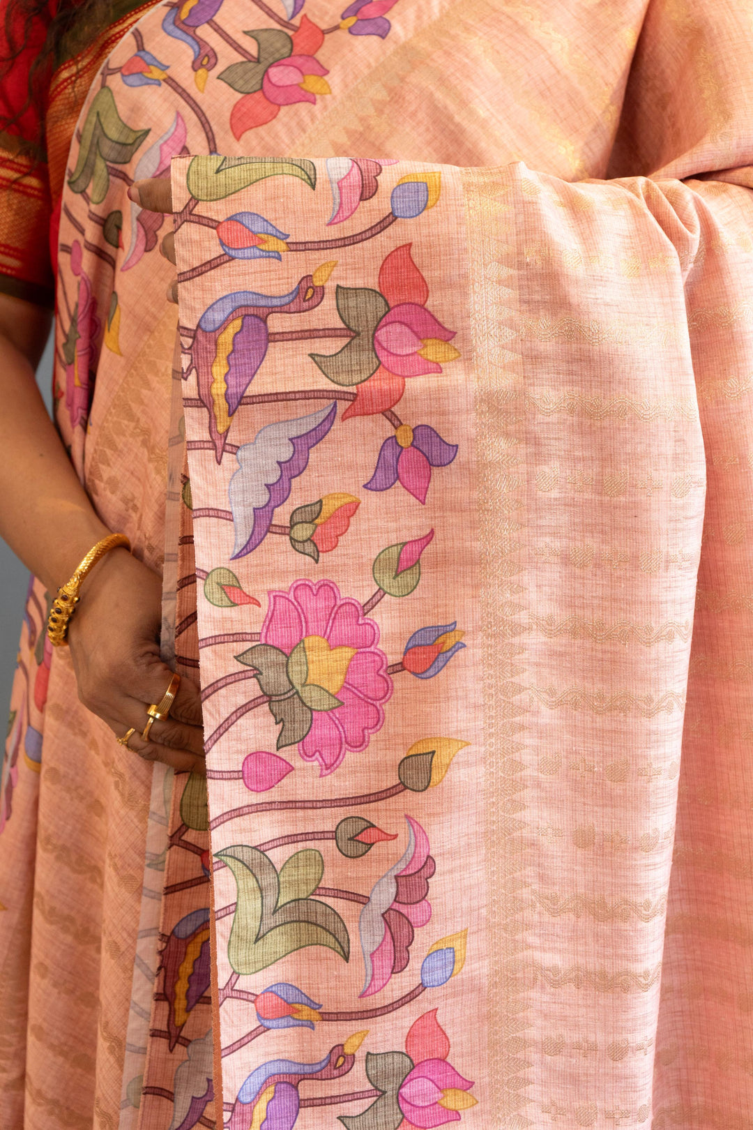 Peach Pink Tussar Silk Saree And Blouse With Paithani Borders