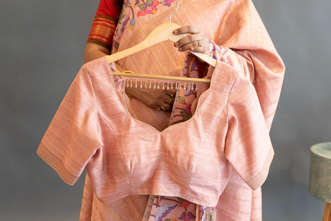 Peach Pink Tussar Silk Saree And Blouse With Paithani Borders