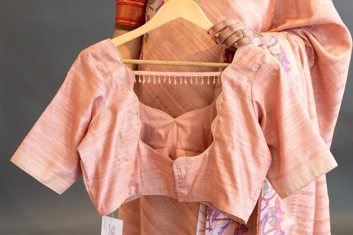 Peach Pink Tussar Silk Saree And Blouse With Paithani Borders