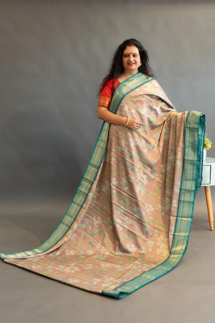 Pastel Brown Floral Print Fancy Kanchi Silk Saree And Blouse