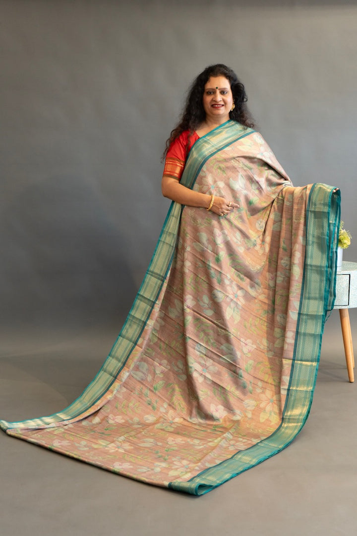 Pastel Brown And Sea Green Floral Print Banarasi Dola Silk Saree And Blouse