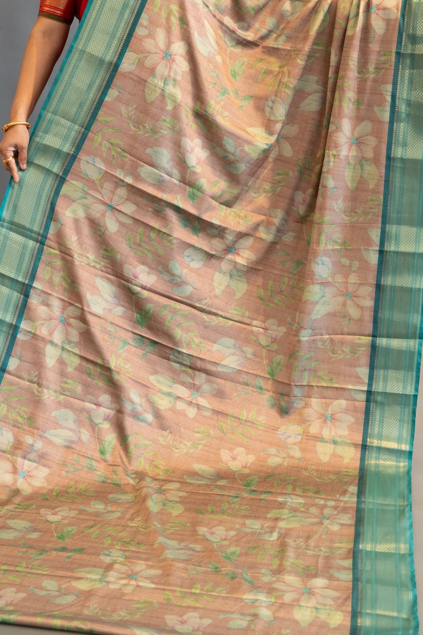 Pastel Brown And Sea Green Floral Print Banarasi Dola Silk Saree And Blouse