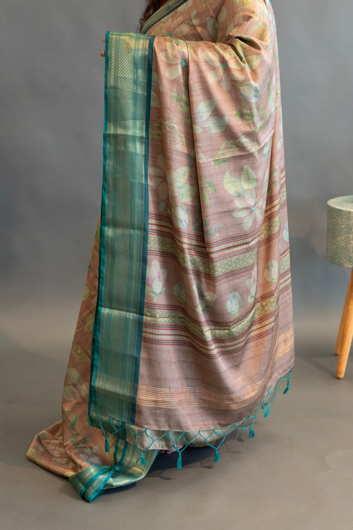 Pastel Brown And Sea Green Floral Print Banarasi Dola Silk Saree And Blouse