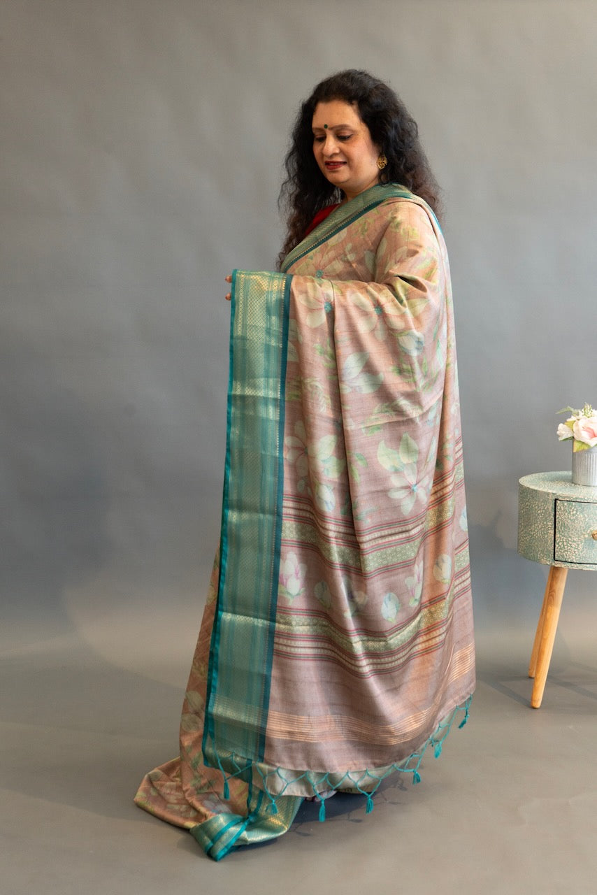 Pastel Brown And Sea Green Floral Print Banarasi Dola Silk Saree And Blouse