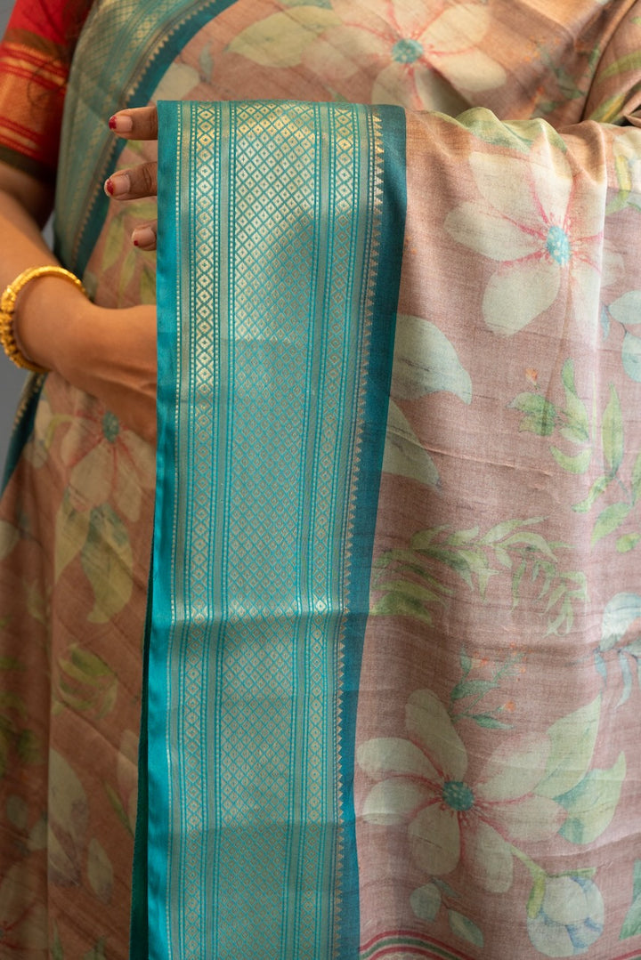 Pastel Brown And Sea Green Floral Print Banarasi Dola Silk Saree And Blouse