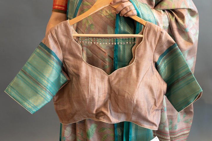 Pastel Brown Floral Print Fancy Kanchi Silk Saree And Blouse