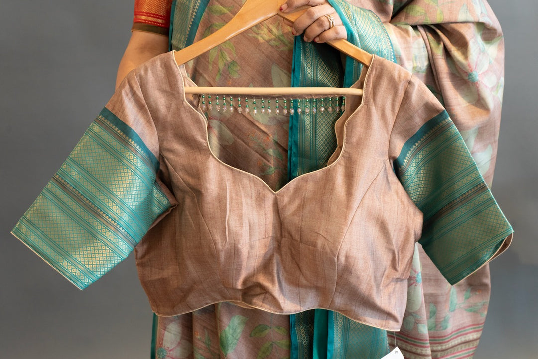 Pastel Brown And Sea Green Floral Print Banarasi Dola Silk Saree And Blouse