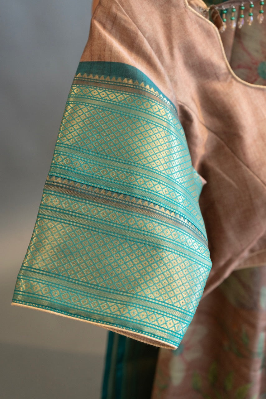 Pastel Brown And Sea Green Floral Print Banarasi Dola Silk Saree And Blouse