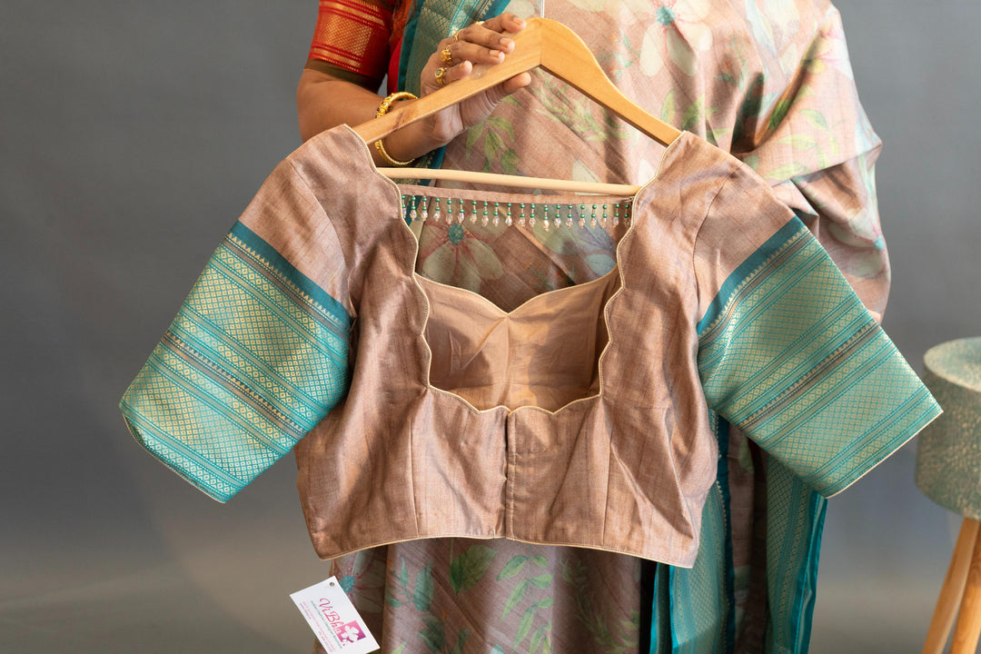 Pastel Brown Floral Print Fancy Kanchi Silk Saree And Blouse