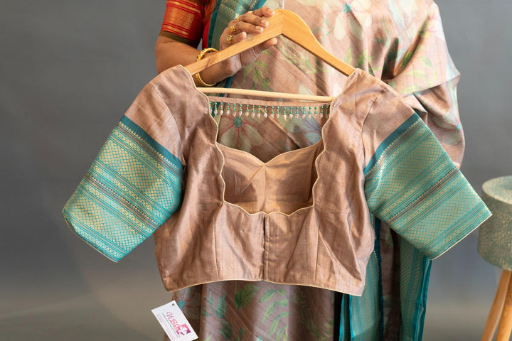 Pastel Brown Floral Print Fancy Kanchi Silk Saree And Blouse