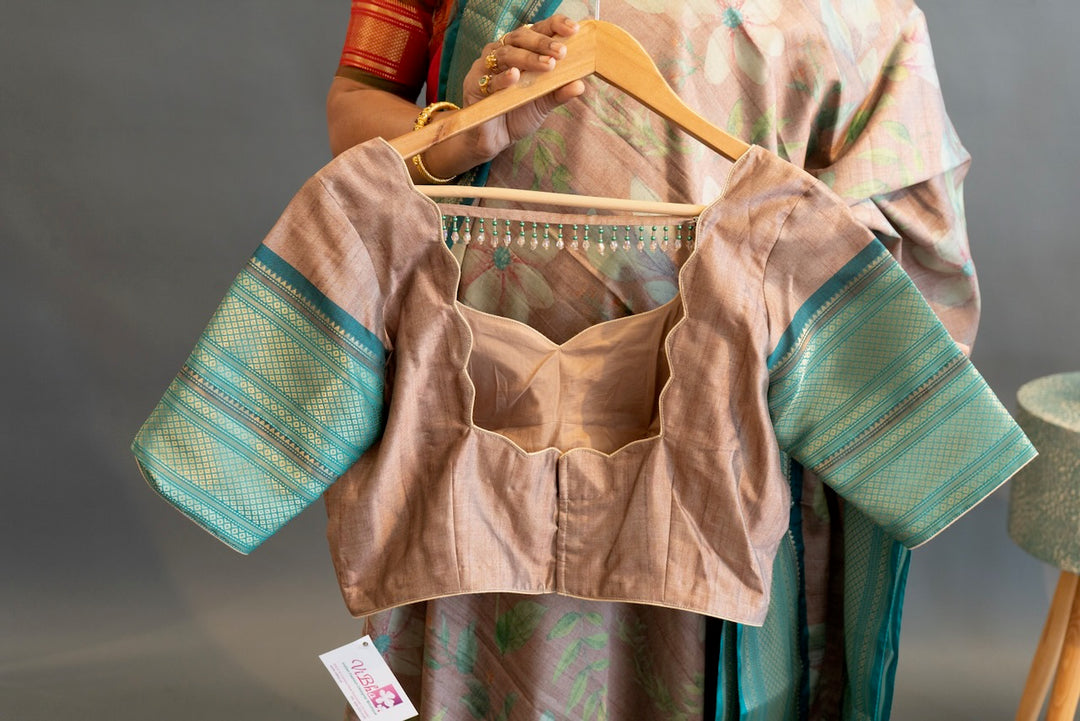 Pastel Brown And Sea Green Floral Print Banarasi Dola Silk Saree And Blouse