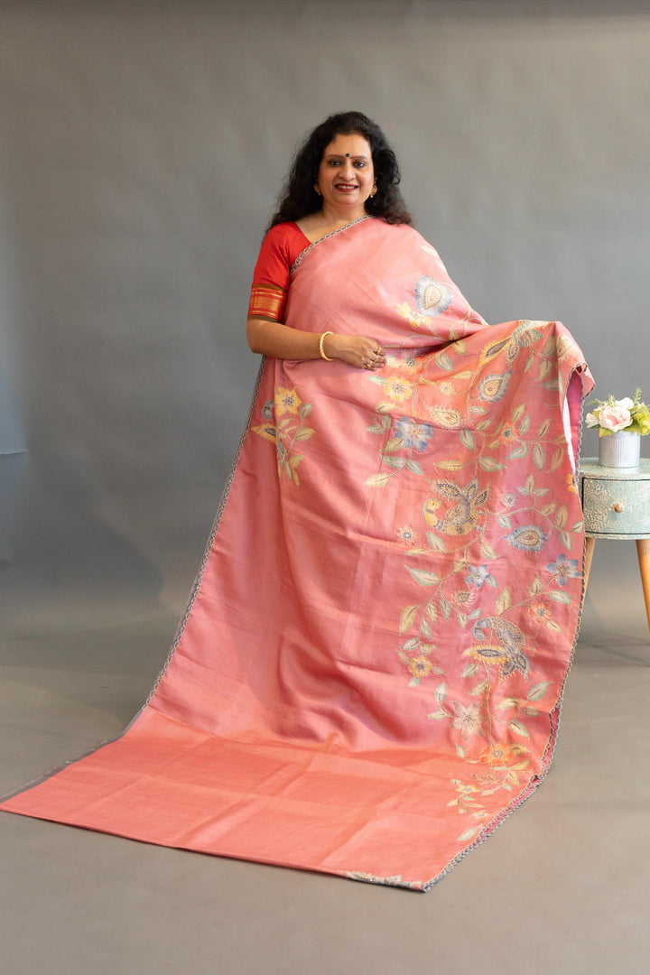 Peach And Grey Soft Soft Tussar Silk Saree With Kalamkari Applique Work And Blouse