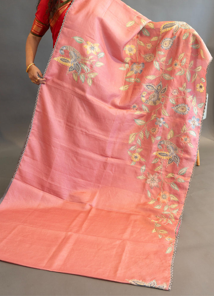 Peach And Grey Soft Soft Tussar Silk Saree With Kalamkari Applique Work And Blouse
