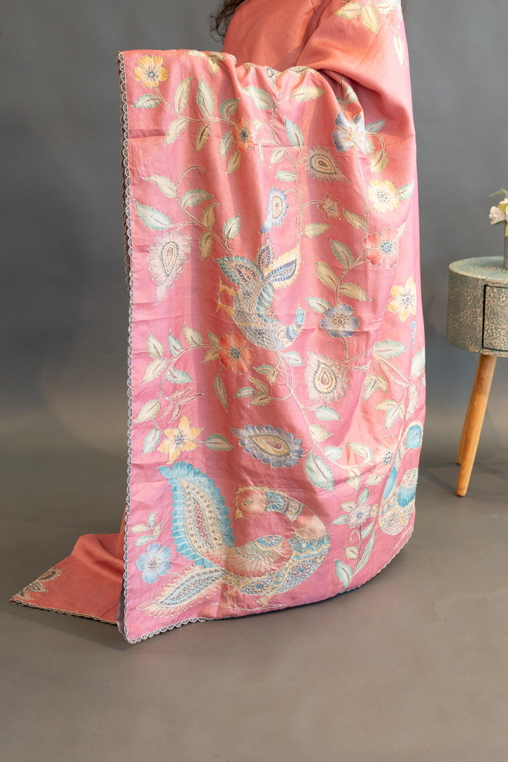 Peach And Grey Soft Soft Tussar Silk Saree With Kalamkari Applique Work And Blouse