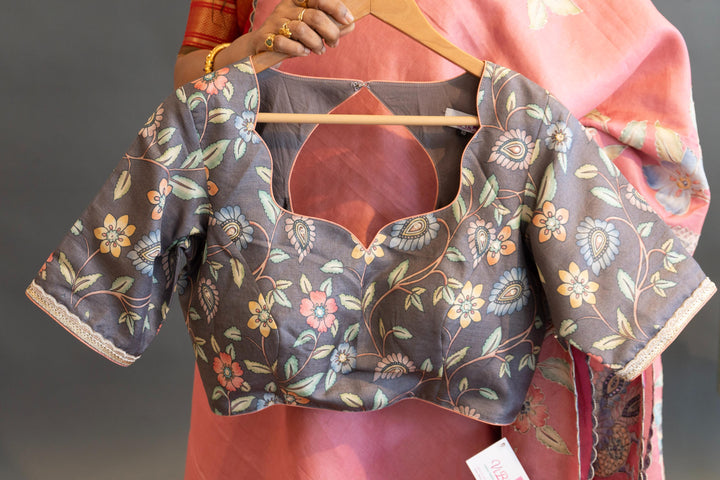 Peach And Grey Soft Soft Tussar Silk Saree With Kalamkari Applique Work And Blouse