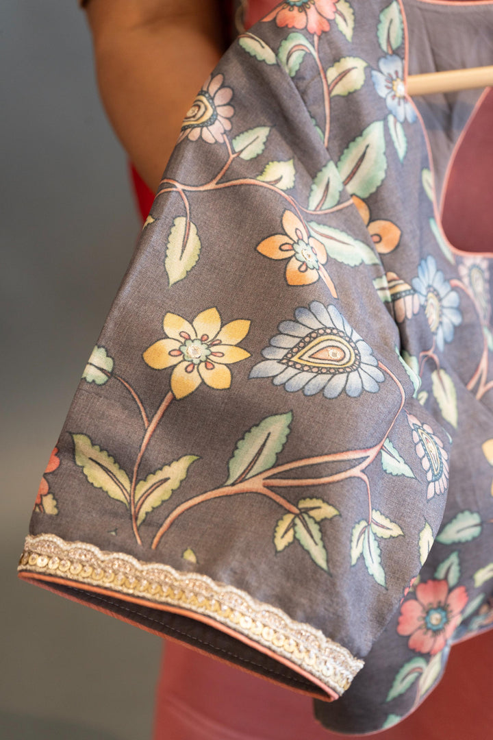 Peach And Grey Soft Soft Tussar Silk Saree With Kalamkari Applique Work And Blouse