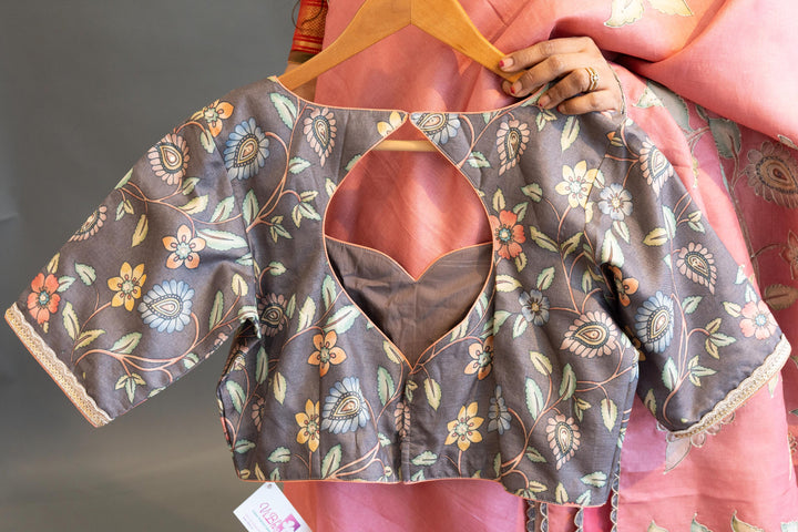 Peach And Grey Soft Soft Tussar Silk Saree With Kalamkari Applique Work And Blouse