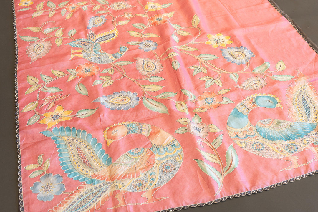 Peach And Grey Soft Soft Tussar Silk Saree With Kalamkari Applique Work And Blouse