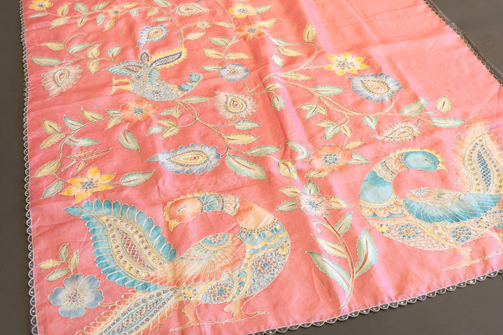 Peach And Grey Soft Soft Tussar Silk Saree With Kalamkari Applique Work And Blouse