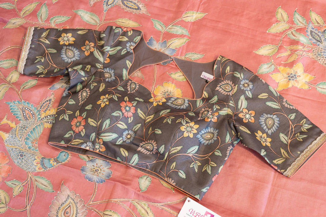 Peach And Grey Soft Soft Tussar Silk Saree With Kalamkari Applique Work And Blouse