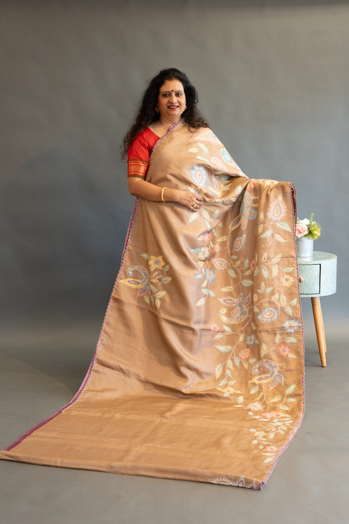 Light Taupe Soft Tussar Silk Saree With Kalamkari Applique Work And Blouse