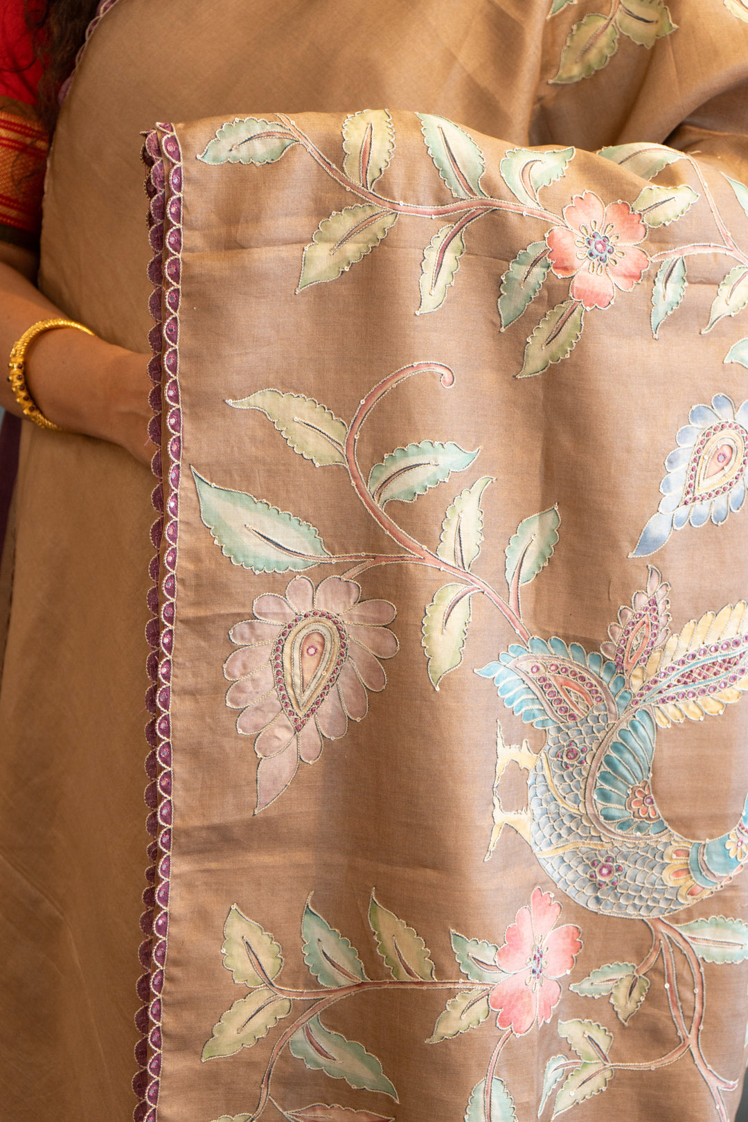 Light Taupe Soft Tussar Silk Saree With Kalamkari Applique Work And Blouse