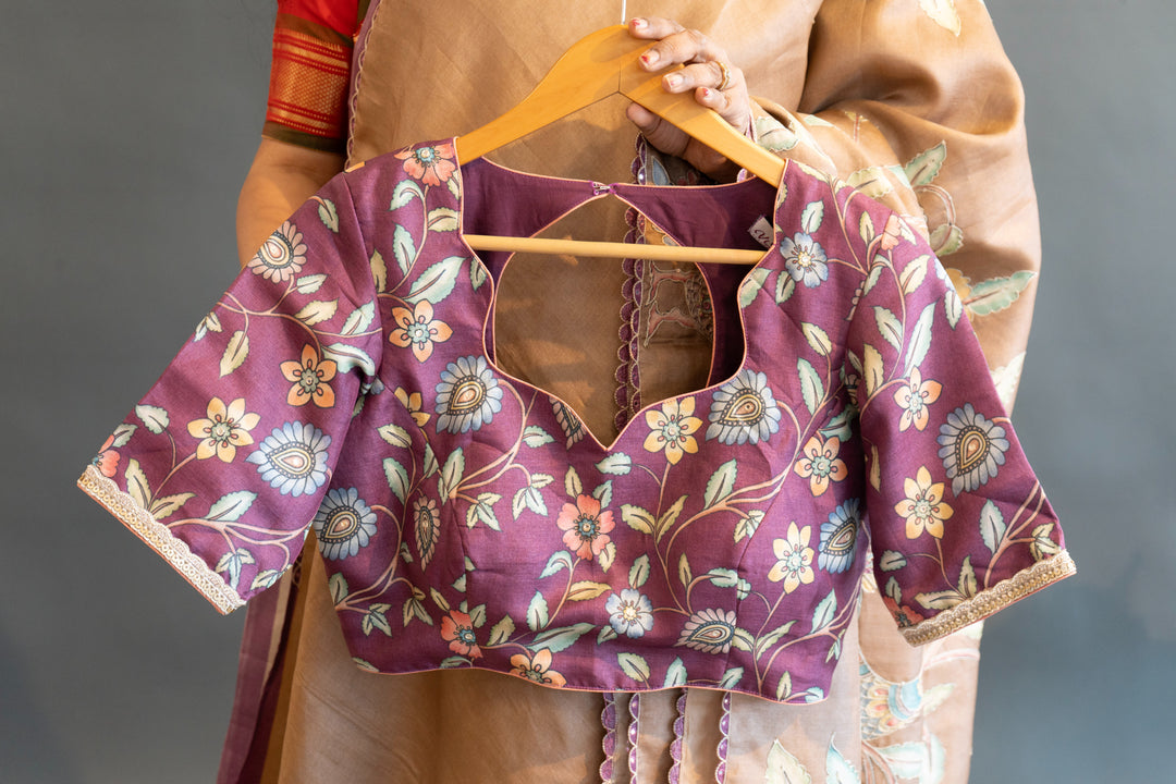 Light Taupe Soft Tussar Silk Saree With Kalamkari Applique Work And Blouse