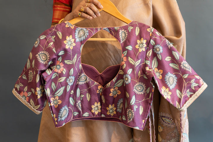 Light Taupe Soft Tussar Silk Saree With Kalamkari Applique Work And Blouse