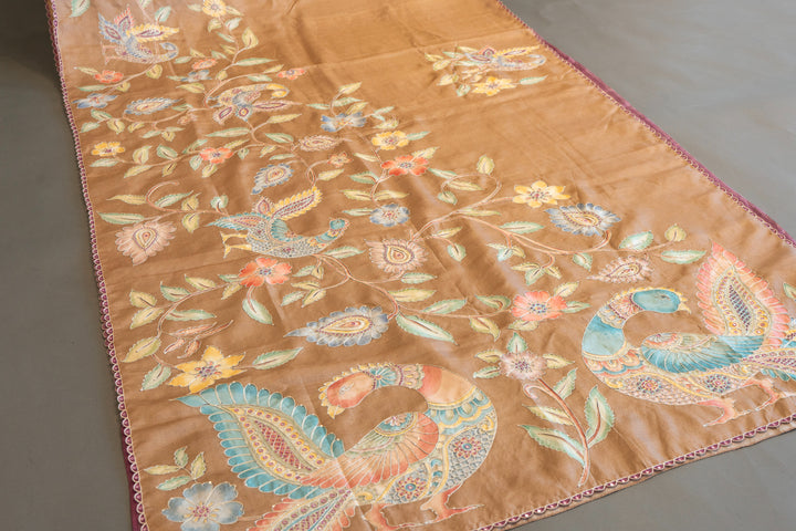 Light Taupe Soft Tussar Silk Saree With Kalamkari Applique Work And Blouse