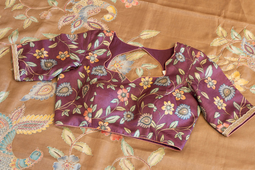 Light Taupe Soft Tussar Silk Saree With Kalamkari Applique Work And Blouse