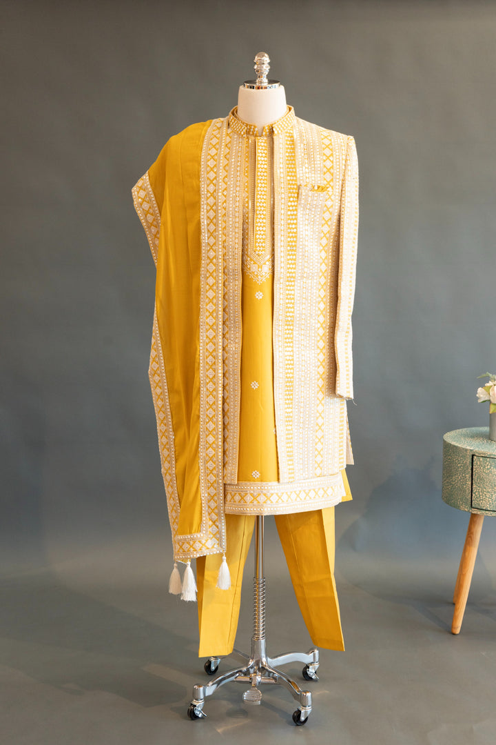 Yellow Embroidered 3-Piece Men&