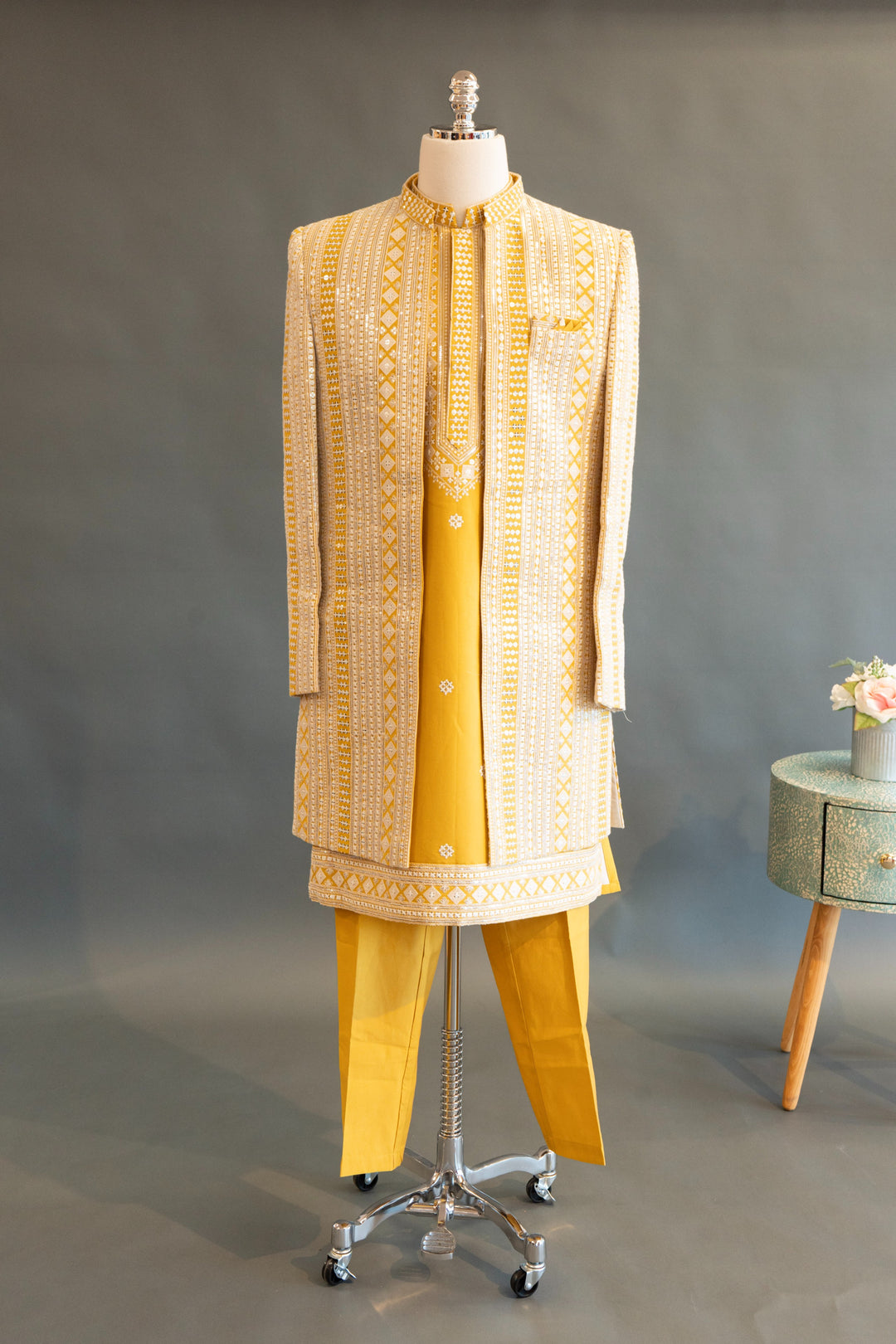 Yellow Embroidered 3-Piece Men&