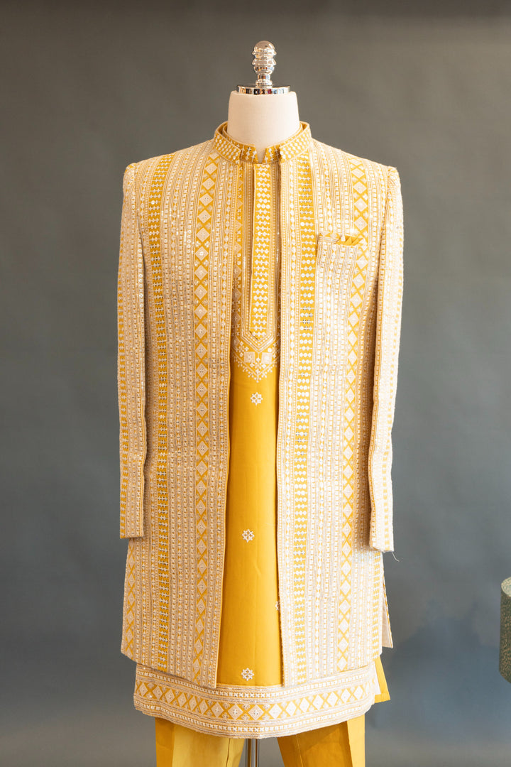 Yellow Embroidered 3-Piece Men&