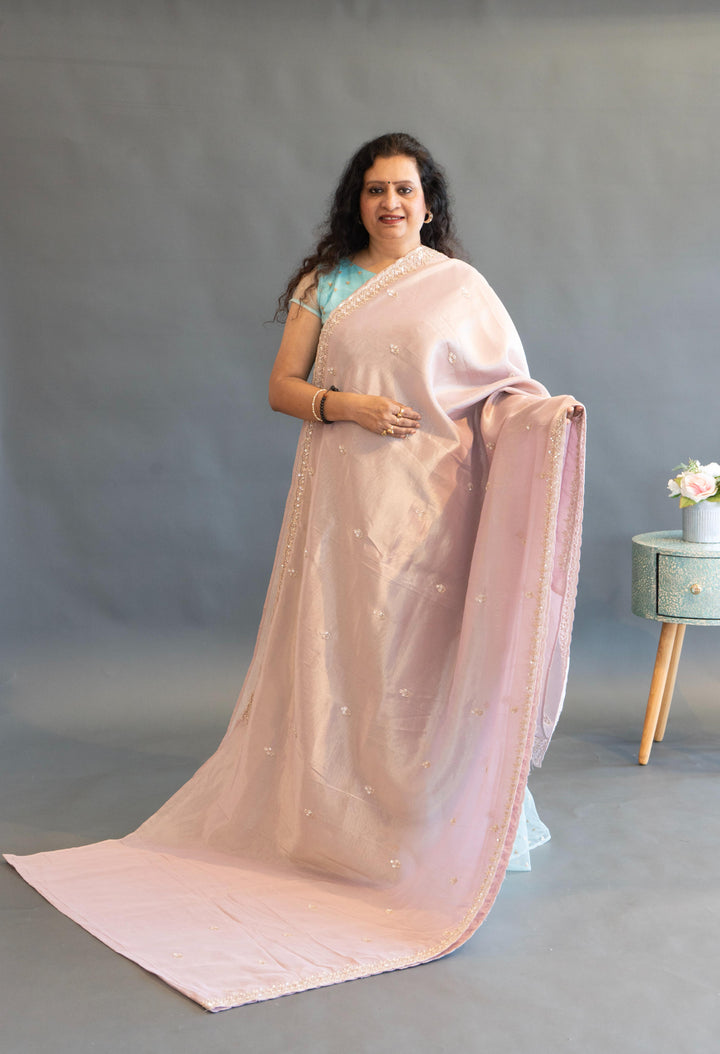 Pastel Mauve Tissue Organza Hand Embroidered Saree And Blouse