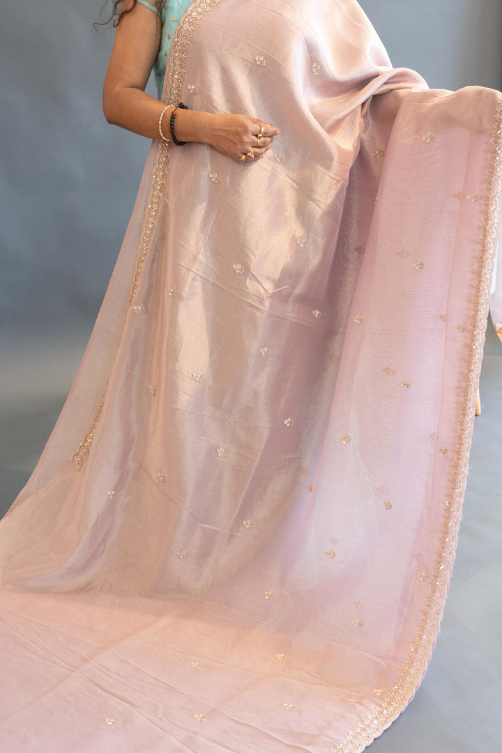 Pastel Mauve Tissue Organza Hand Embroidered Saree And Blouse