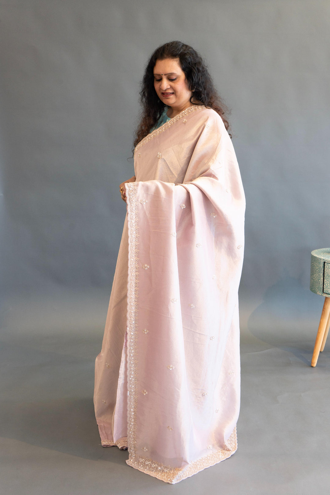 Pastel Mauve Tissue Organza Hand Embroidered Saree And Blouse