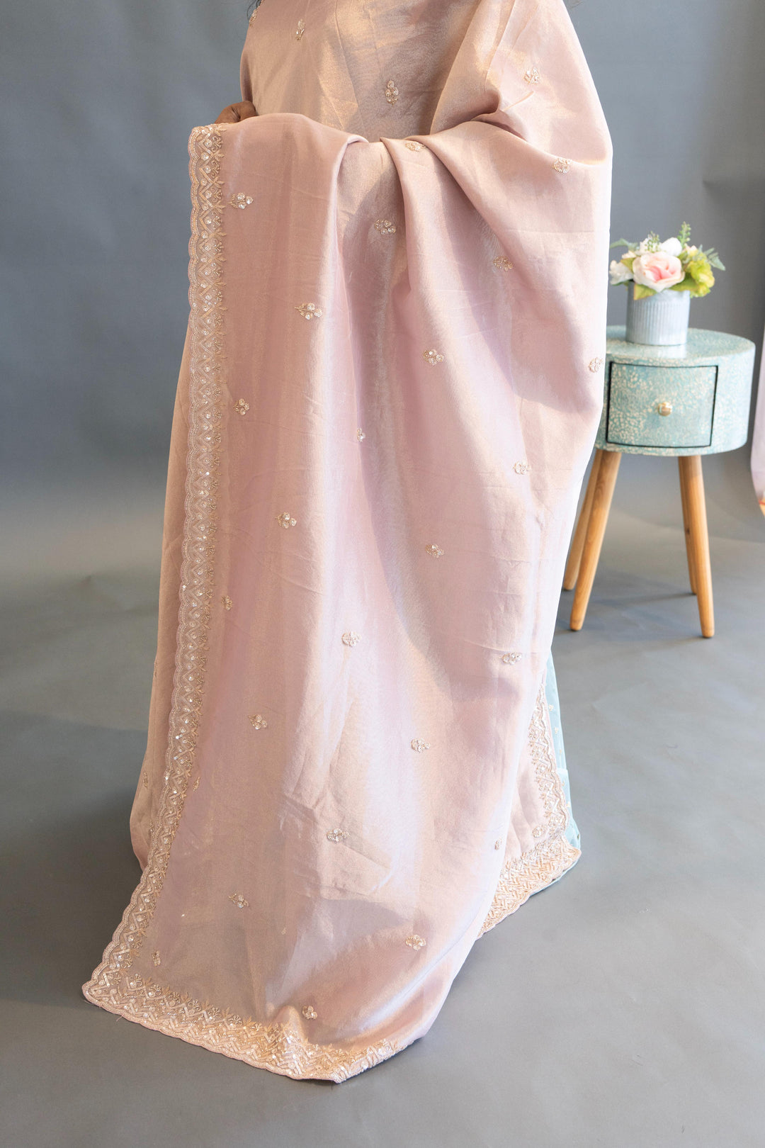 Pastel Mauve Tissue Organza Hand Embroidered Saree And Blouse