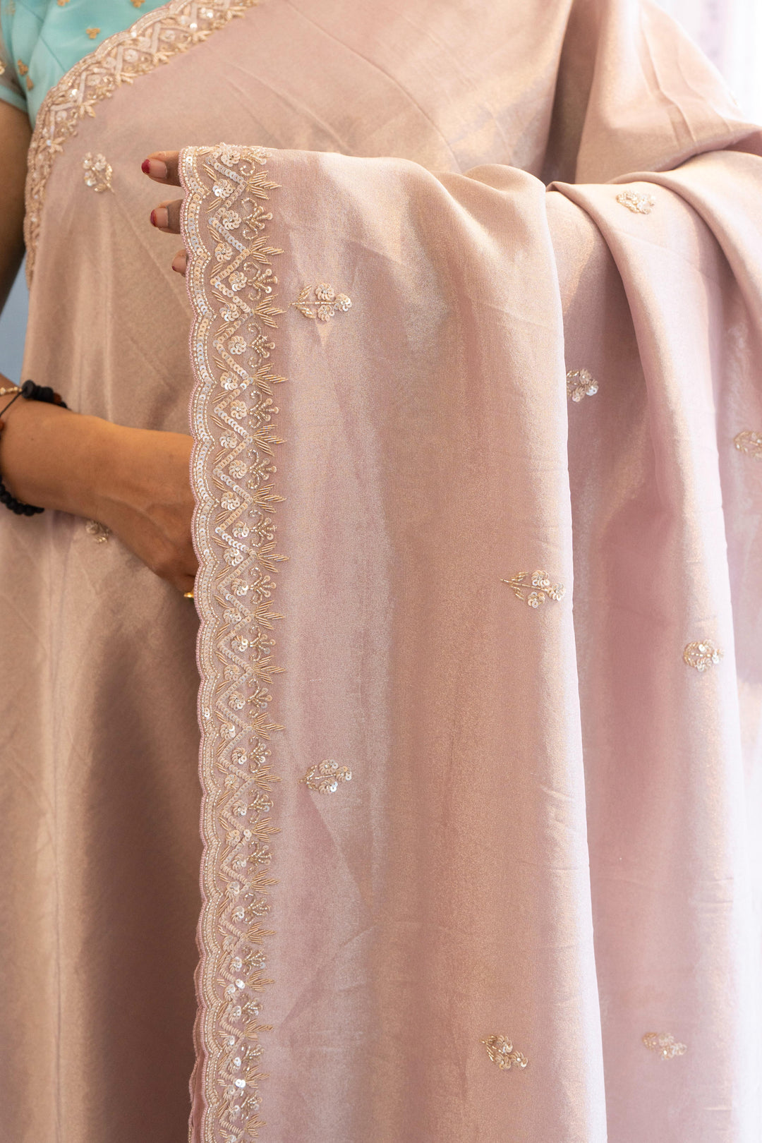 Pastel Mauve Tissue Organza Hand Embroidered Saree And Blouse